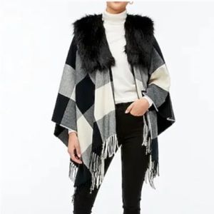 J Crew Factory Faux Fur Black White Buffalo Check Plaid Cape Scarf  NWT